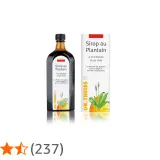 Sirop au plantain Dr. Theiss, mettant en avant les plantain bienfaits pour la gorge et les voies respiratoires. Flacon et boîte présentés.