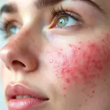 Gros plan sur le visage d'une jeune femme, montrant des rougeurs et des petites imperfections sur sa joue, signe d'une hypersensibilité de la peau.