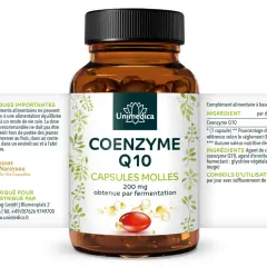 Flacon de Coenzyme Q10 200 mg, 120 capsules molles. Découvrez les coenzyme q10 bienfaits pour votre énergie.