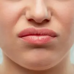 Gros plan sur une bouche pincée, le nez rouge en permanence, la peau légèrement plissée par l'expression.