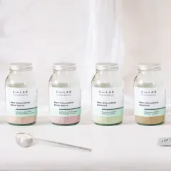 Six flacons de collagène hydrolysé D-LAB Nutricosmetics, chacun avec une saveur et un bénéfice distincts.