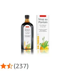 Sirop au plantain Dr. Theiss, mettant en avant les plantain bienfaits pour la gorge et les voies respiratoires. Flacon et boîte présentés.