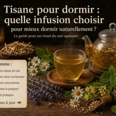 Un rituel apaisant pour mieux dormir : une tasse fumante de tisane, entourée de lavande, camomille et menthe. Le guide pour choisir la meilleure infusion le soir.