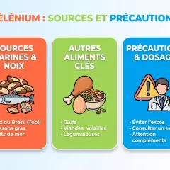 Sources de sélénium : noix du Brésil, poissons, fruits de mer, œufs, viandes, légumineuses. Attention aux excès et aux compléments.