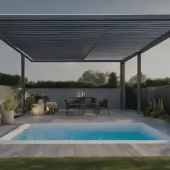 Un espace détente avec une piscine et un coin repas sous une pergola moderne. Parfait pour profiter d'un spa sous pergola.