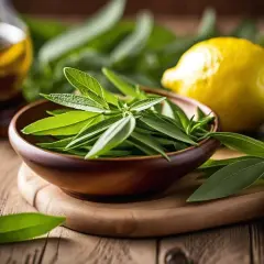 Un bol rempli de feuilles de verveine citronnée fraîche, avec un citron jaune et une bouteille d'huile en arrière-plan.