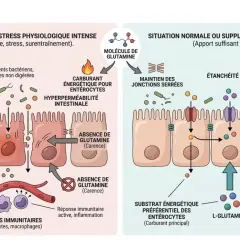 Schéma comparant l'intestin en carence de glutamine (hyperperméabilité, inflammation) et en apport suffisant (étanchéité, soutien immunitaire). Les bienfaits de la glutamine sont essentiels.