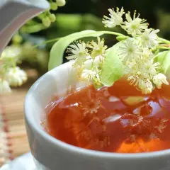 Une tasse de thé ambré, garnie de fleurs de tilleul, parfaite pour une infusion digestion.