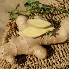 Gingembre frais tranché, prêt à être infusé avec du ginseng pour une boisson revigorante.