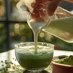 Préparation d'un matcha latte crémeux. Du lait est versé dans un bol rempli de poudre de matcha verte, créant une boisson réconfortante.