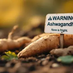 Racines d'ashwagandha fraîchement récoltées, avec un panneau "Attention Ashwagandha". Un avis sur la plante.