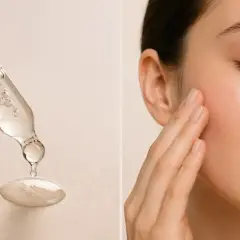 Goutte d'un sérum à la vitamine B3 sur une pipette, appliquée sur une peau radieuse.