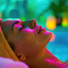 Visage détendu dans un spa de chromothérapie, baigné de lumières bleues, vertes et roses. Une serviette jaune orne sa tête.