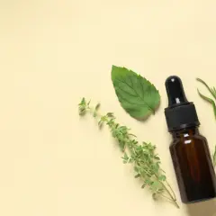 Flacon d'huile essentielle avec des herbes. Un remède naturel pour la toux sèche.