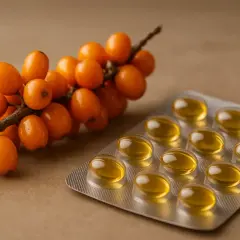 Baies d'argousier et une plaquette de capsules d'huile, source naturelle d'oméga 7 pour le bien-être.