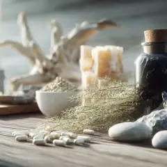 Flacon de silicium organique, pilules, herbes séchées et pierres brutes sur une table en bois.