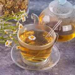Une tasse de thé à la camomille matricaire, une théière en verre et des fleurs fraîches sur fond texturé.