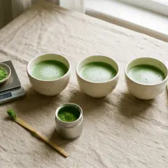 Préparation de la quantité de matcha par jour : trois bols de thé vert mousseux, une balance, une cuillère et un fouet à matcha.