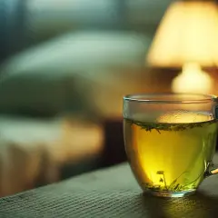 Une tasse de thé vert, avec ou sans théine, sur une table. La lumière douce d'une lampe éclaire la scène.