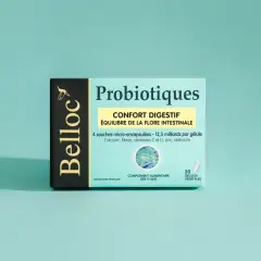 Boîte de probiotiques Belloc pour le confort digestif et l'équilibre de la flore intestinale. Ce probiotique estomac contient 30 gélules végétales.