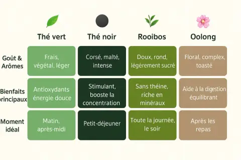 Le thé vert, frais et léger, est idéal le matin. Le thé noir, corsé et stimulant, parfait pour le petit-déjeuner.