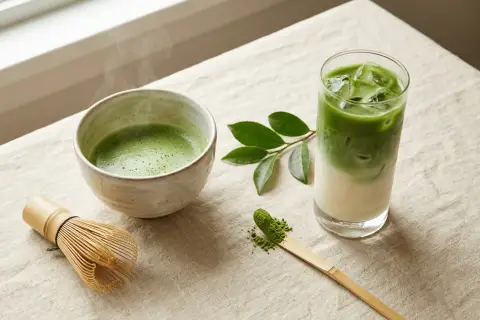 Un bol de thé matcha fumant, un verre glacé et une cuillère de poudre verte. Peut-on boire du thé matcha tous les jours ? Une question pour les amateurs de cette boisson.