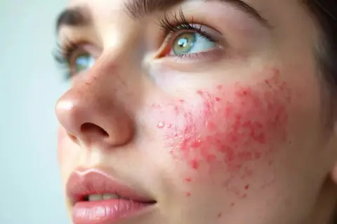 Gros plan sur le visage d'une jeune femme, montrant des rougeurs et des petites imperfections sur sa joue, signe d'une hypersensibilité de la peau.
