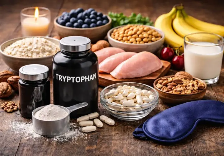 Des aliments riches en tryptophane : poulet, bananes, noix, flocons d'avoine, myrtilles. Compléments de tryptophane et masque de sommeil.