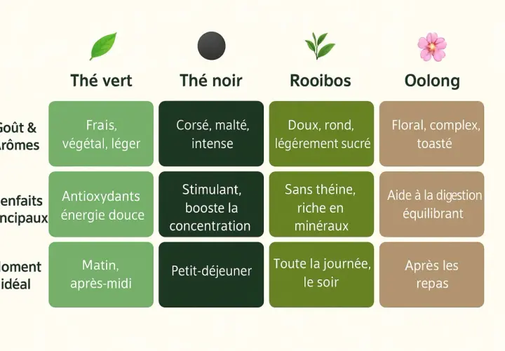 Le thé vert, frais et léger, est idéal le matin. Le thé noir, corsé et stimulant, parfait pour le petit-déjeuner.