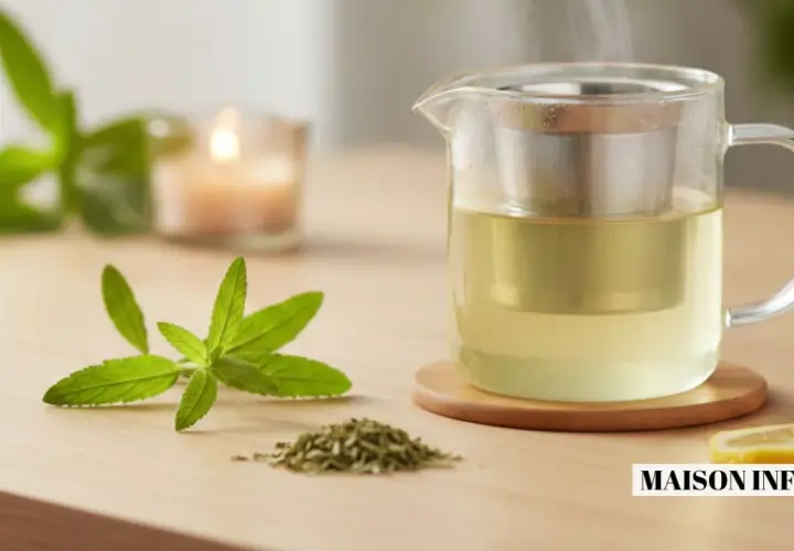 Une théière en verre fumante contient une tisane verveine dorée. Des feuilles fraîches et séchées de verveine, ainsi qu'une tranche de citron, complètent la scène.