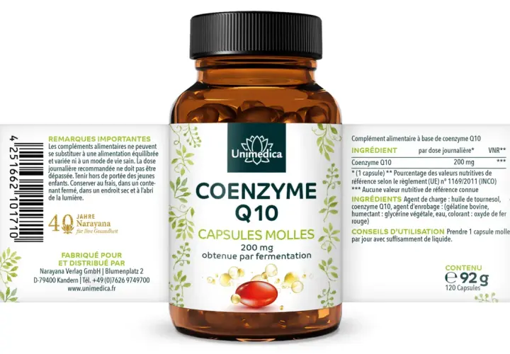 Flacon de Coenzyme Q10 200 mg, 120 capsules molles. Découvrez les coenzyme q10 bienfaits pour votre énergie.