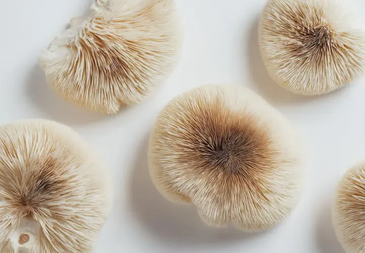 Cinq champignons aux lamelles fines et claires, dont un champignon adaptogène au centre, sur fond blanc.