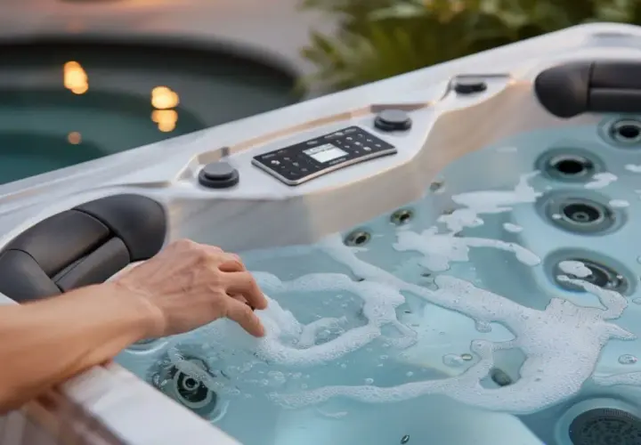 Main d'une personne effleurant l'eau bouillonnante d'un **dessous spa** moderne, avec des jets visibles et un panneau de contrôle.