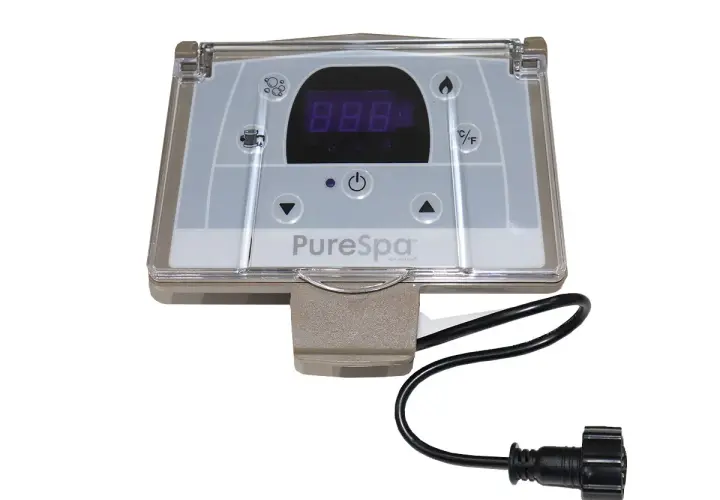 Panneau de contrôle PureSpa pour branchement spa gonflable. Affiche la température et les fonctions.