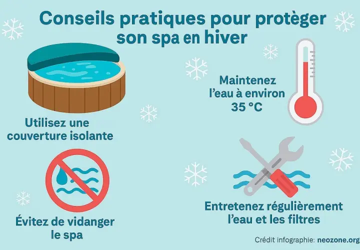 Conseils pour l'hivernage d'un spa rigide : couverture isolante, eau à 35°C, ne pas vider, entretenir eau et filtres.