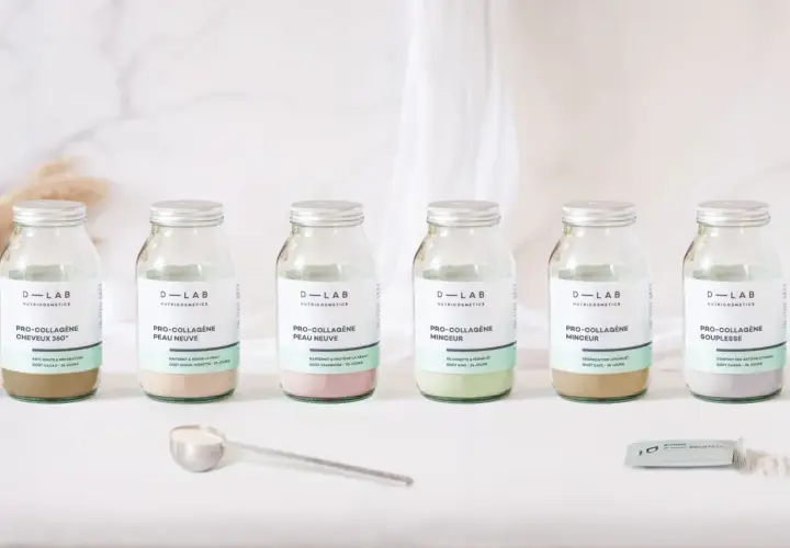 Six flacons de collagène hydrolysé D-LAB Nutricosmetics, chacun avec une saveur et un bénéfice distincts.