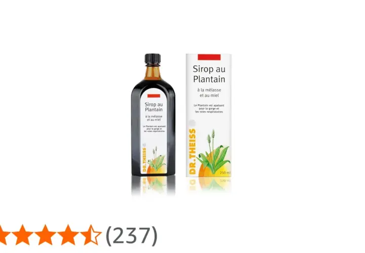 Sirop au plantain Dr. Theiss, mettant en avant les plantain bienfaits pour la gorge et les voies respiratoires. Flacon et boîte présentés.