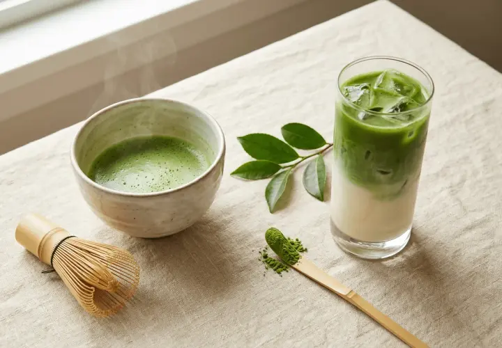 Un bol de thé matcha fumant, un verre glacé et une cuillère de poudre verte. Peut-on boire du thé matcha tous les jours ? Une question pour les amateurs de cette boisson.