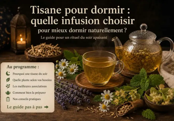 Un rituel apaisant pour mieux dormir : une tasse fumante de tisane, entourée de lavande, camomille et menthe. Le guide pour choisir la meilleure infusion le soir.