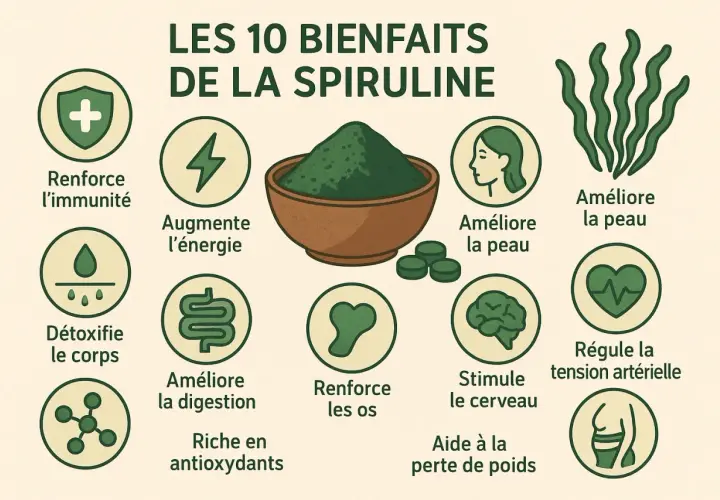 Infographie illustrant les 10 bienfaits de la spiruline : renforce l'immunité, augmente l'énergie, détoxifie le corps, améliore la digestion, riche en antioxydants, améliore la peau, renforce les os, stimule le cerveau, aide à la perte de poids, régule...