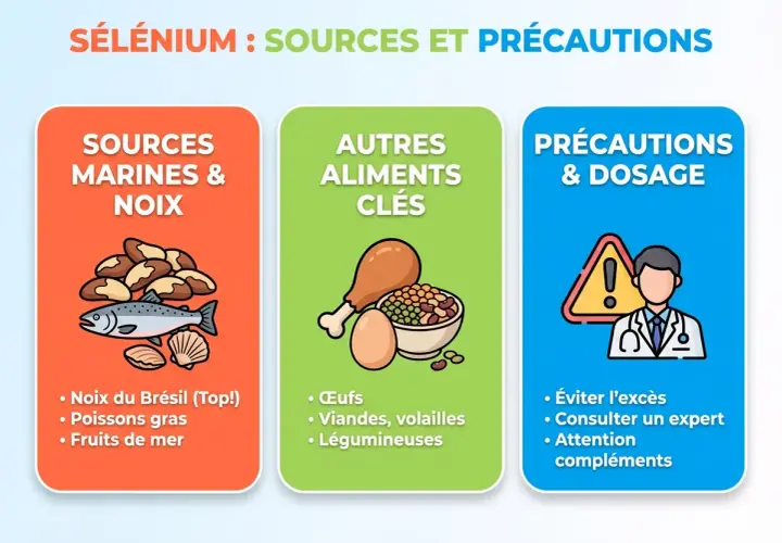 Sources de sélénium : noix du Brésil, poissons, fruits de mer, œufs, viandes, légumineuses. Attention aux excès et aux compléments.