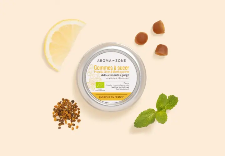 Gommes à sucer Aroma-Zone : un remède miracle contre l'extinction de voix. Propolis, citron et menthe pour adoucir la gorge.