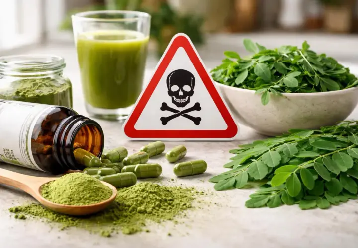 Attention au danger du moringa : pilules, poudre, jus et feuilles, avec un panneau de danger.
