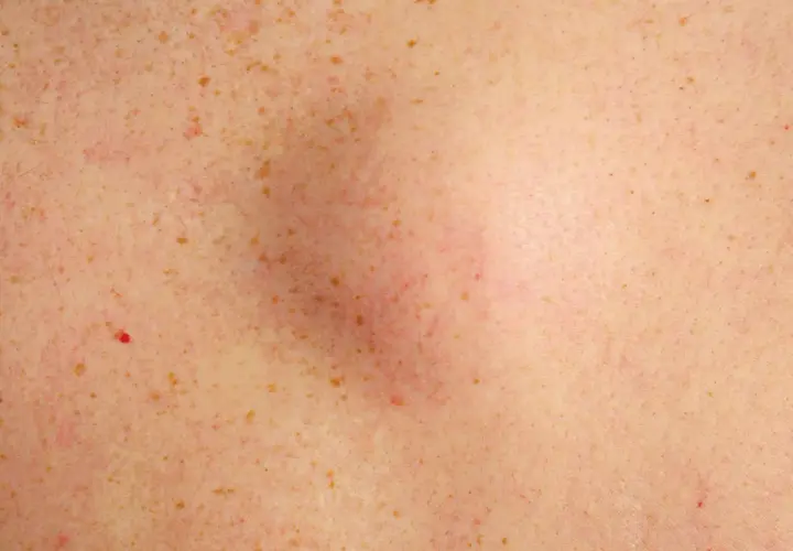 Gros plan sur une peau tachetée de rousseur, avec un bouton dur sous la peau légèrement rouge et gonflé au centre.