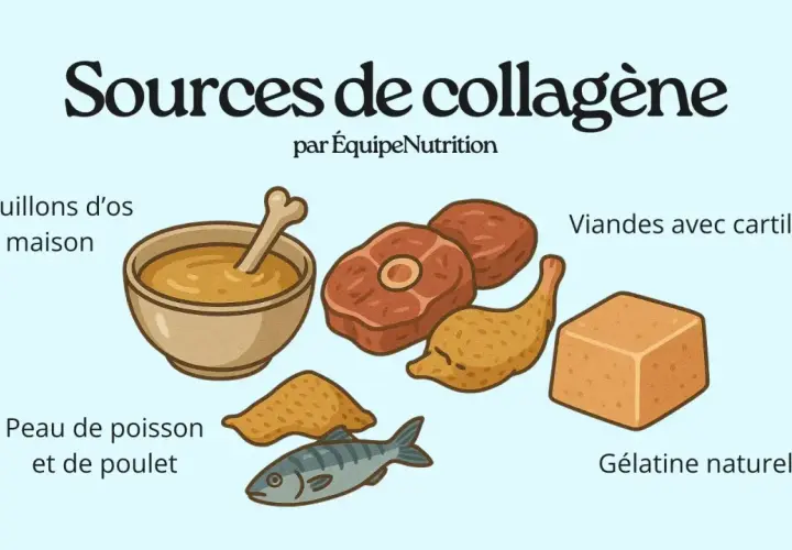 Sources de collagène naturel : bouillons d'os, viandes avec cartilage, peau de poisson et poulet, gélatine.