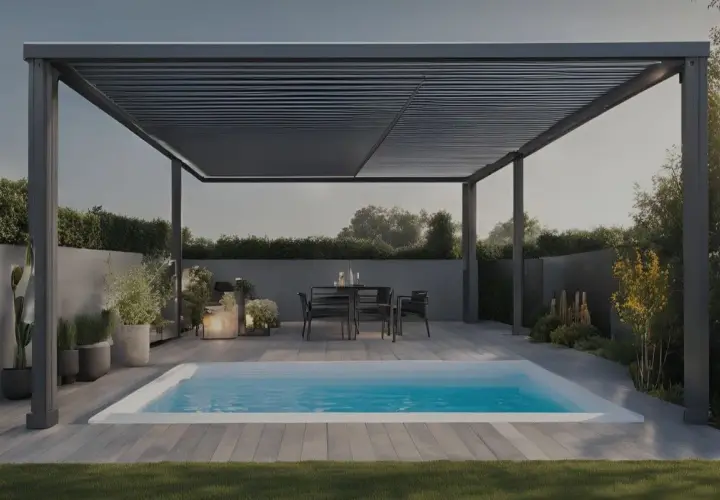 Un espace détente avec une piscine et un coin repas sous une pergola moderne. Parfait pour profiter d'un spa sous pergola.