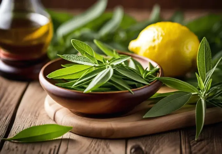 Un bol rempli de feuilles de verveine citronnée fraîche, avec un citron jaune et une bouteille d'huile en arrière-plan.