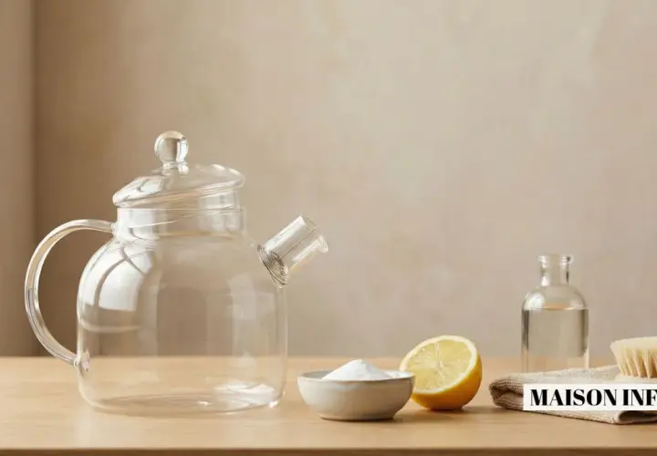 Une théière en verre, du bicarbonate de soude, un citron et une brosse pour nettoyer filtre à thé.