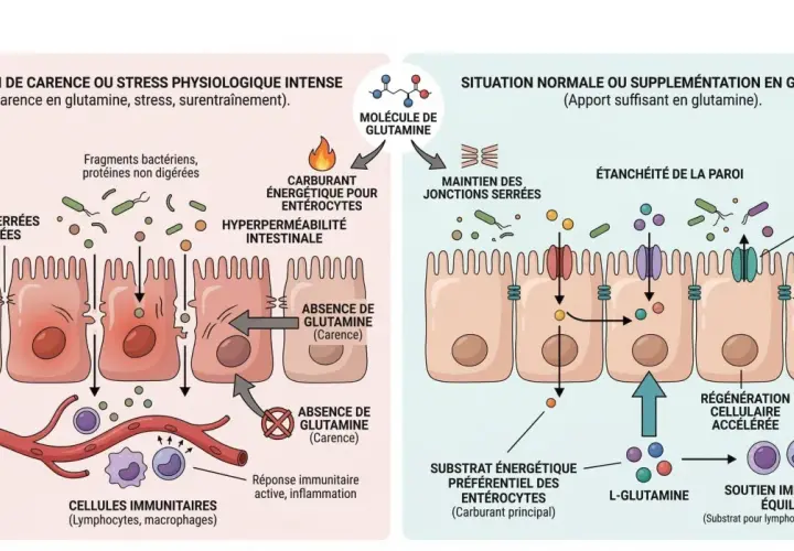 Schéma comparant l'intestin en carence de glutamine (hyperperméabilité, inflammation) et en apport suffisant (étanchéité, soutien immunitaire). Les bienfaits de la glutamine sont essentiels.