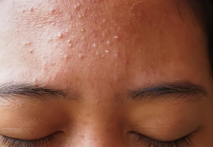 Gros plan sur le front d'une personne, montrant des pores bouchés et de nombreux points blancs. Les yeux sont fermés, les cils longs et sombres.